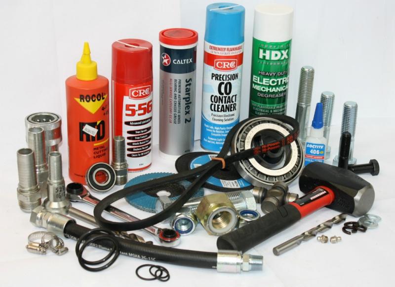Assorted engineering supplies including lubricants, bearings, hoses, tools, fittings, and sealants – stocked by Bravo Bearings Langkloof for workshop and field use.