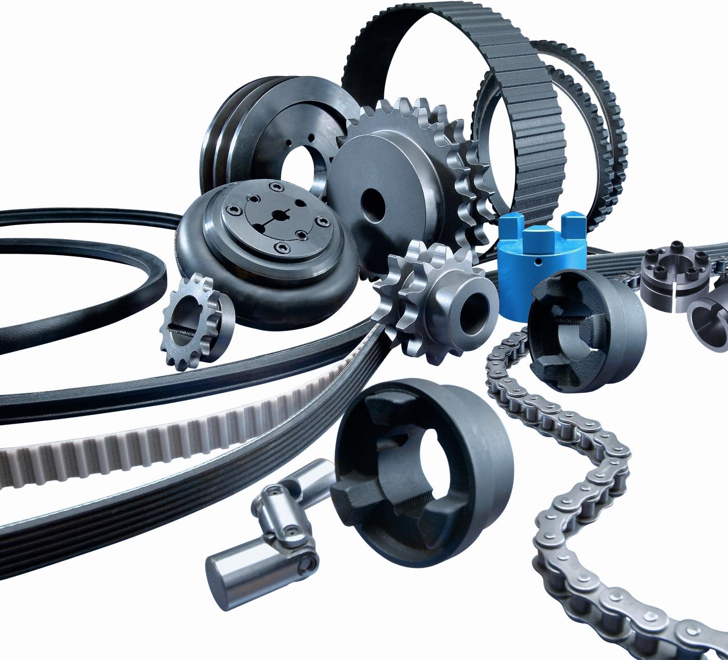 Selection of industrial drive components including pulleys, sprockets, belts, and chains – supplied by Bravo Bearings Langkloof for mechanical power transmission.
