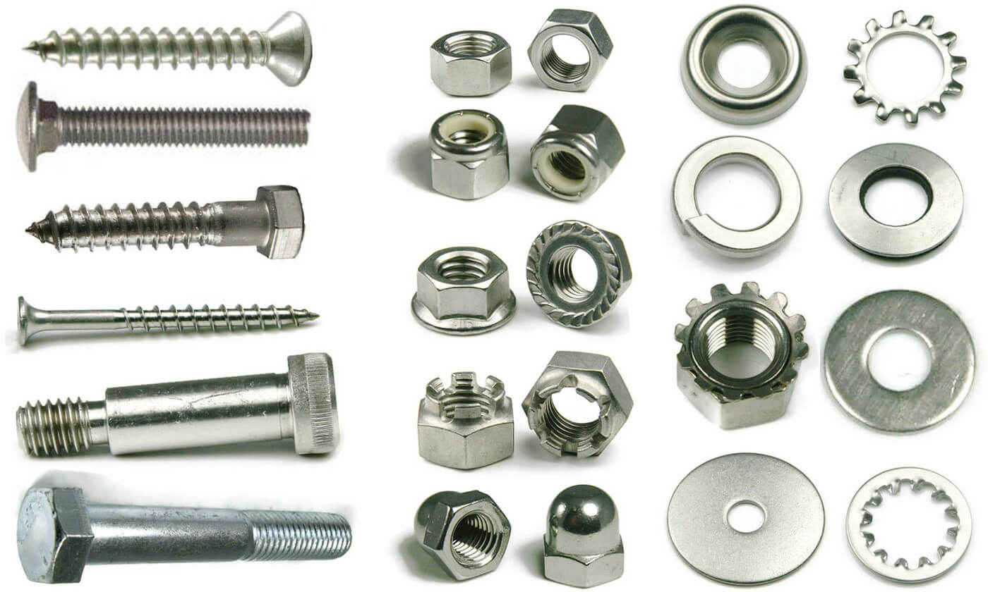 Variety of stainless steel fasteners including bolts, screws, washers, and nuts – available from Bravo Bearings Langkloof for industrial and mechanical use